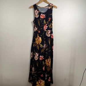 Floral Maxi Dress Navy Pink Sleeveless Stretch XL Elastic Waist French Grey